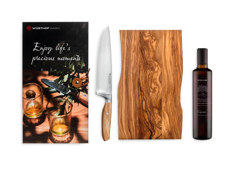 Wusthof Gift Set Chef's Knife 20cm, Cutting Board, and 'Amici' Olive Oil