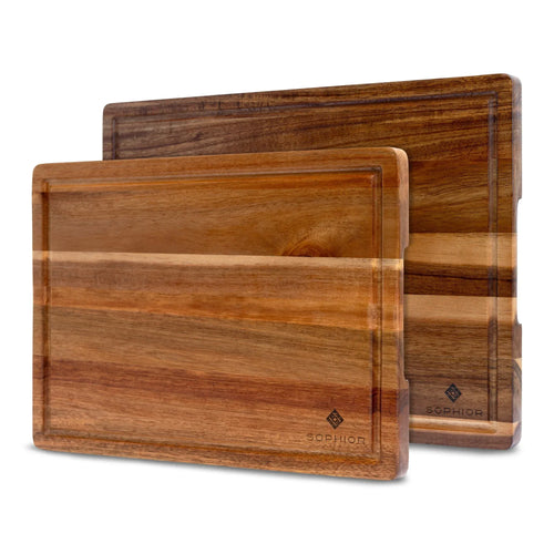 SOPHIOR Acacia Chopping Board Set - With Juice Groove and Handles 42×35×2.5 cm & 35×25×2.5 cm