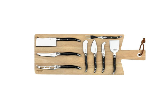 Laguiole Style de Vie 8 Cheese Knives Black with Wooden Serving Board 'Premium Line'